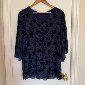 Bebonnie Blue Floral Women's Blouse Velvet Sheer Sleeve Large